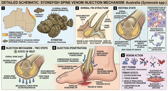 Detailed schematic of stonefish spine venom injection mechanism in Australia