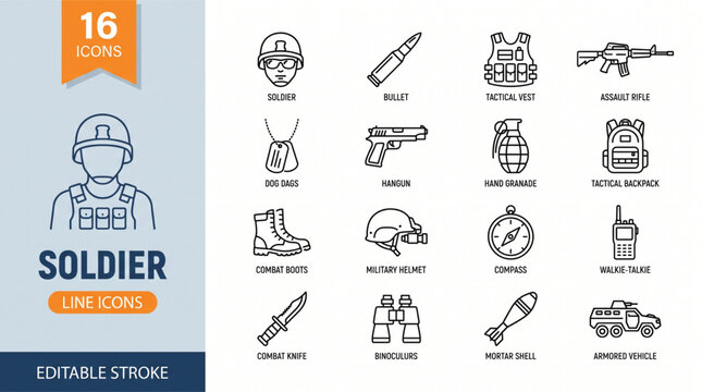 Soldier line icons, military symbols, editable stroke, 16 icons