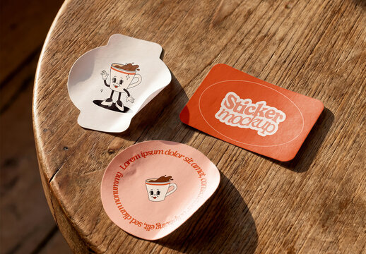 Sticker Set Mockup on Wooden Table