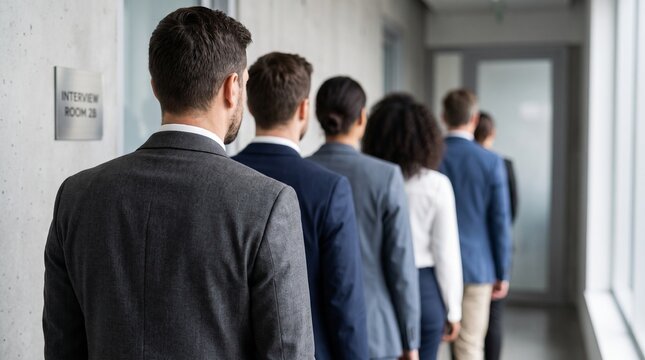 Professional job applicants waiting in a queue outside an interview room, symbolizing career ambition, competitive opportunities, and the talent selection process