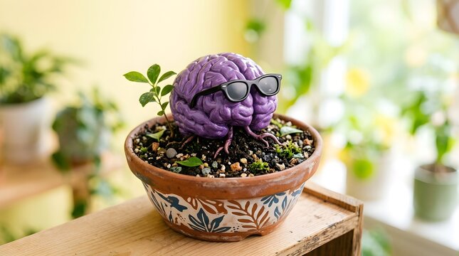 Whimsical purple brain seedling adorned with dark sunglasses rests in a decorative terracotta pot filled with soil and small green plants creating a surreal concept for learning and growth