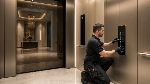 Technician in black uniform repairing an elevator control panel in a modern luxury building lobby.