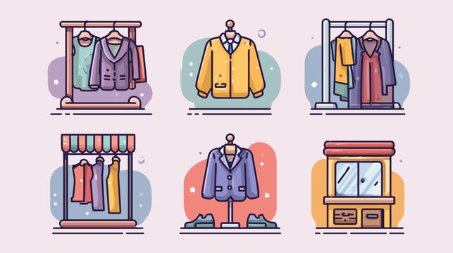 Pixel Art Fashion Display Racks and Booths Featuring Coats Jackets and Dresses in Pastel Colors