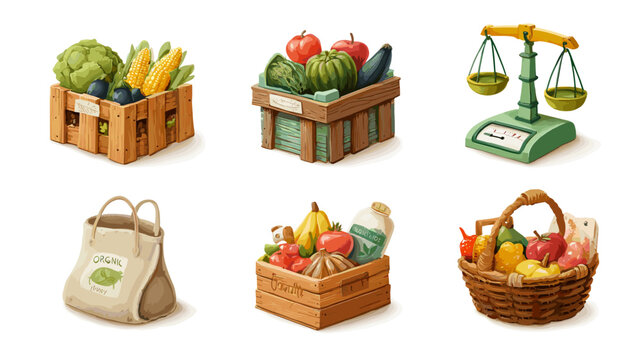 Pixel Art Fresh Produce Crates Baskets and Scale Displaying Abundance Of Healthy Fruits Vegetables