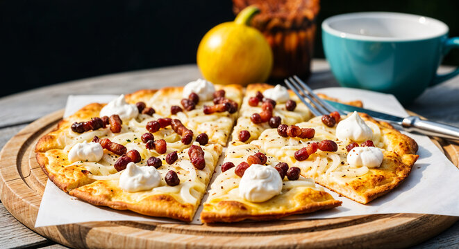 A crispy tarte flambee topped with bacon, onion and cream cheese rests on a wooden board outdoors, a savory and traditional Alsatian thin-crust specialty.