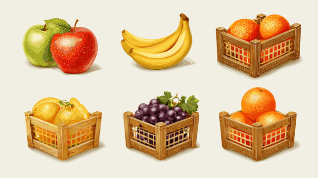 Pixel Art Fruits In Wooden Crates And Two Loose Apples With Bananas Against A Light Beige