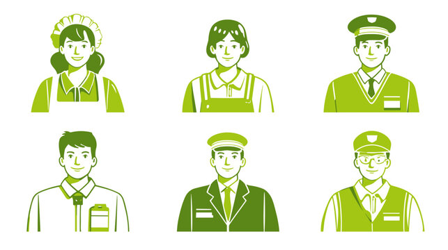 Pixel Art Icons Diverse Professions Featuring Cleaners Drivers And Business Professionals In Green