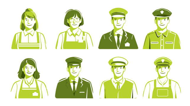 Pixel Art Icons Depicting Diverse Professionals in Uniforms and Aprons Green and White Palette