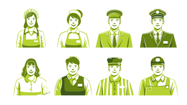 Pixel Art Icons of Diverse Workers in Uniforms Set Against a White Background
