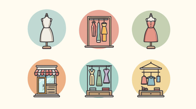 Pixel Art Icons Of A Boutique Clothing Store Mannequins And Garments Displayed