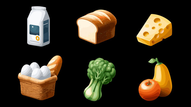 Pixel Art Icons Of Milk Bread Cheese Eggs Vegetables And Fruits On Black Background