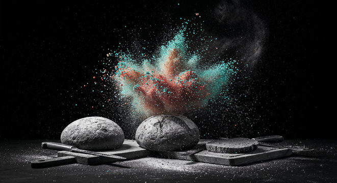 Two rustic bread loaves sit amid a vivid explosion of colorful flour powder against a dark studio background, a dramatic and creative food art photography scene.