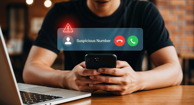 A man holds a smartphone displaying a suspicious number scam call warning at a wooden desk, a concept of phone fraud, spam alerts and digital security.