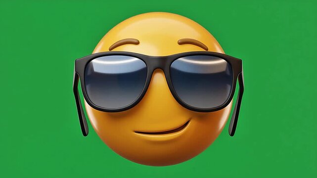 3D animated cool emoji wearing sunglasses on green screen, confident emoticon with shades