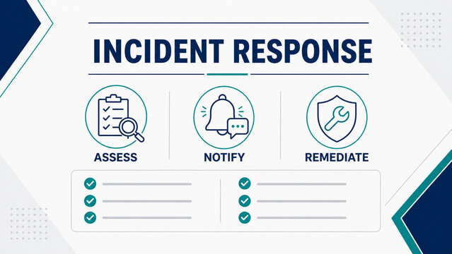 Clean cybersecurity incident response infographic with assess, notify, and remediate steps, icons, checklist elements, and blue teal corporate design.