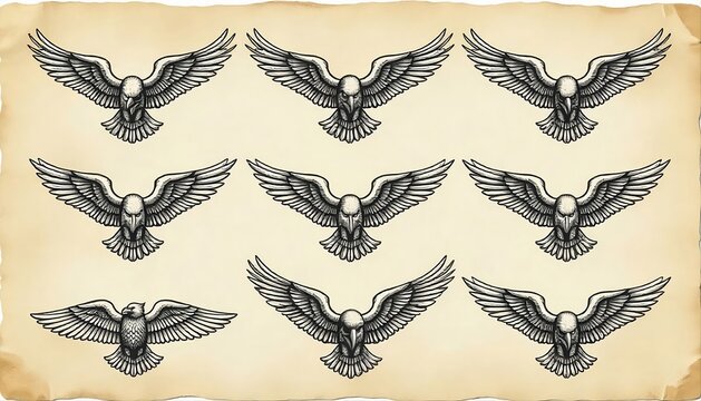 A vector set of eagle wings badge frames in black and white, displayed on a textured parchment background to evoke a retro aviation feel.
