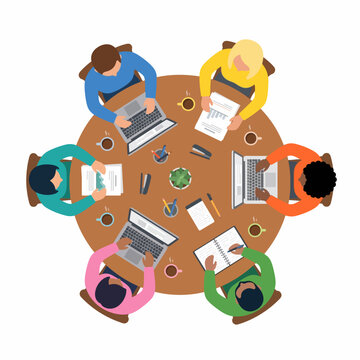 Top Down Business Team Meeting Around Round Table Flat Vector Illustration with Diverse Coworkers, Laptops, Documents and Office Planning Concept
