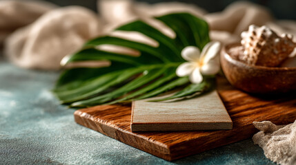 Fototapeta premium Tropical monstera leaf and white flower on wooden board for spa with health care, monstera