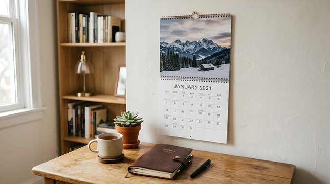 Cozy home office scene with a wooden desk a steaming mug of coffee open notebook pen and a beautiful mountain landscape calendar hanging on the wall inspiring planning and productivity during