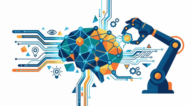 A robotic arm interacts with a stylized brain composed of polygons and circuits