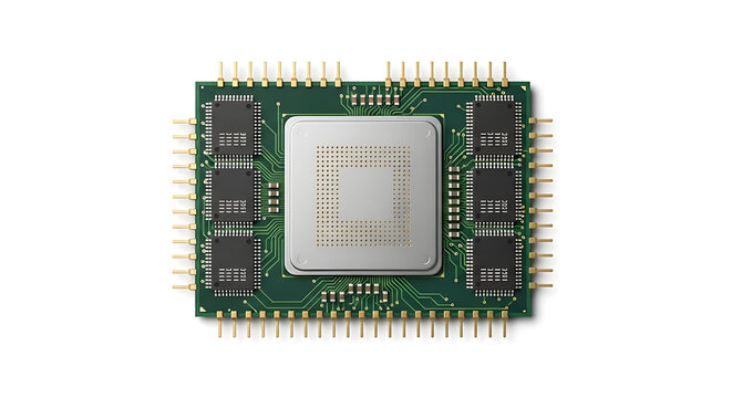 Top view of a computer processor chip on a green circuit board isolated on white background