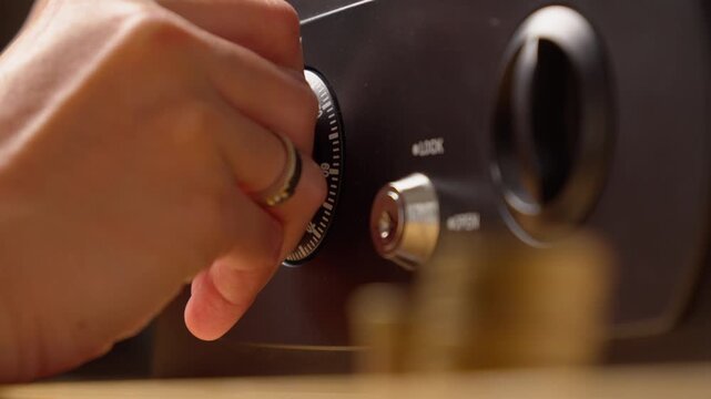 Hand turns dial on secure safe, with gold coin on the foreground, Saving Money Concept