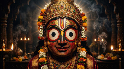 Obraz premium Close up of the colorful wooden idol of lord jagannath decorated with flowers generated using ai