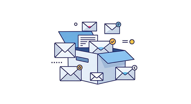 Sending multiple envelopes from a cardboard box in a minimalist flat vector illustration style