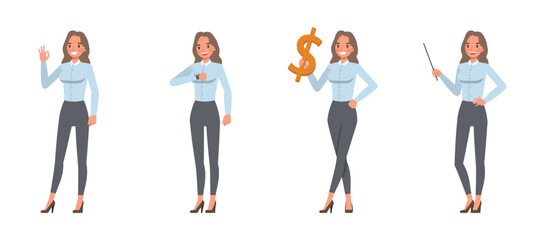 Obraz premium Businesswoman wearing blue shirt character vector illustration design set performing gestures and holding financial symbols. Woman working in office.
