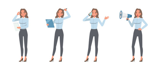 Obraz premium Businesswoman wearing blue shirt character vector illustration design set performing daily office tasks. Woman working in office.