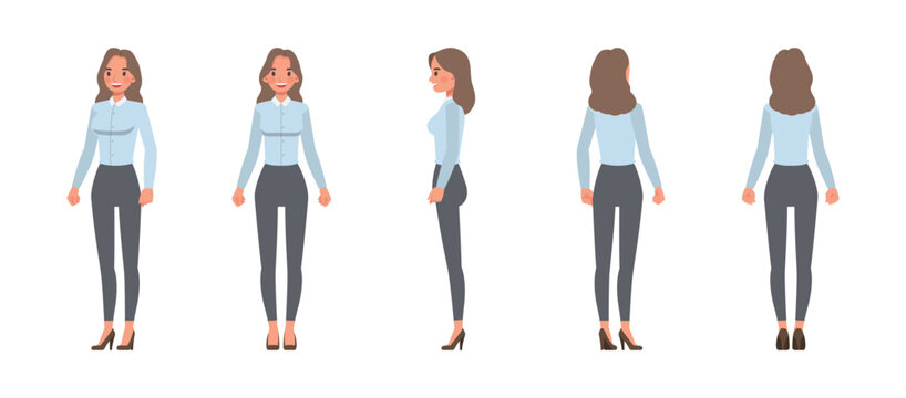 Businesswoman wearing blue shirt character vector illustration design set in various poses. Woman working in office.