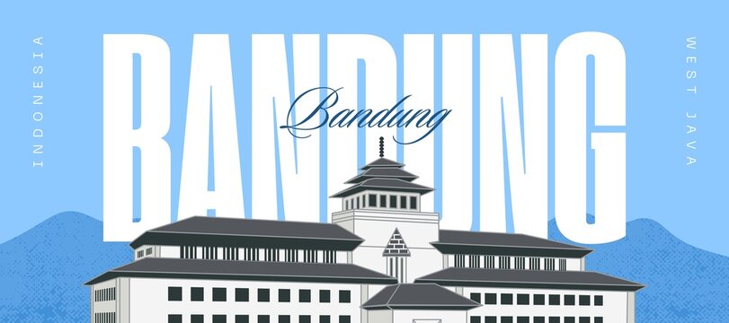 Minimalist vector travel poster of Gedung Sate in Bandung, Indonesia. Bold typography header with a flat art illustration of the landmark building against a blue mountain and sky landscape.