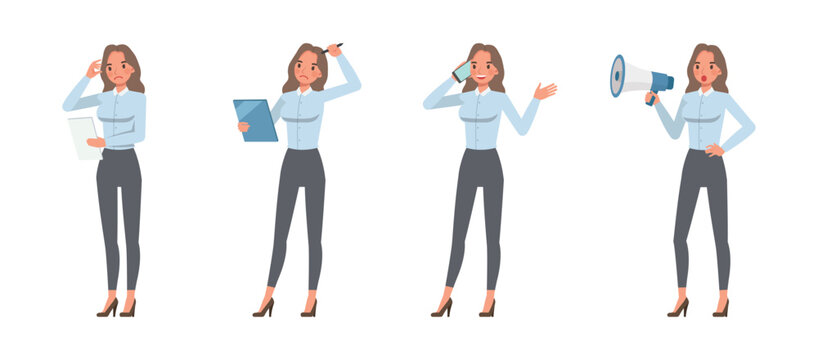 Businesswoman wearing blue shirt character vector illustration design set performing daily office tasks. Woman working in office.