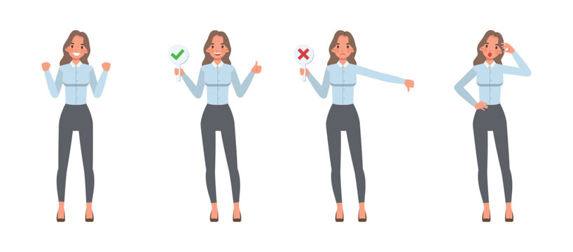 Businesswoman wearing blue shirt character vector illustration design set showing positive and negative feedback signs. Woman working in office.