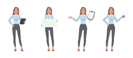 Obraz premium Businesswoman wearing blue shirt character vector illustration design set with tablet, blank sign, clipboard, and coffee mug. Woman working in office.