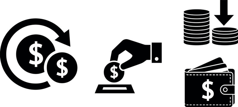 Financial savings and money transaction set with cashback arrows hand inserting coin wallet and decreasing stacks