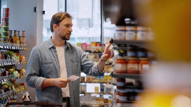 Bearded man checks shopping list and takes tin can in grocery