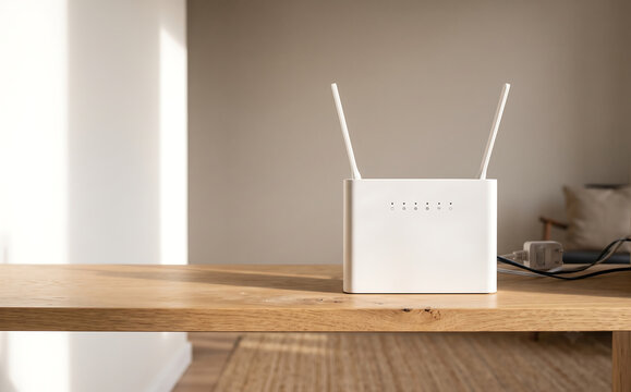 Generic white WiFi router with indicator lights on wooden shelf, bright natural light