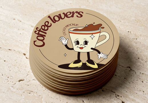 Round Sticker Stack Mockup on Marble Surface