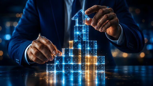 Forward thinking corporate analyst directing a glowing digital cube arrow upward indicating positive business financial growth successful market trends and advanced technology progress
