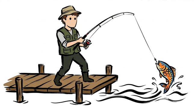 Illustration of a man catching a fish with a rod on a pier