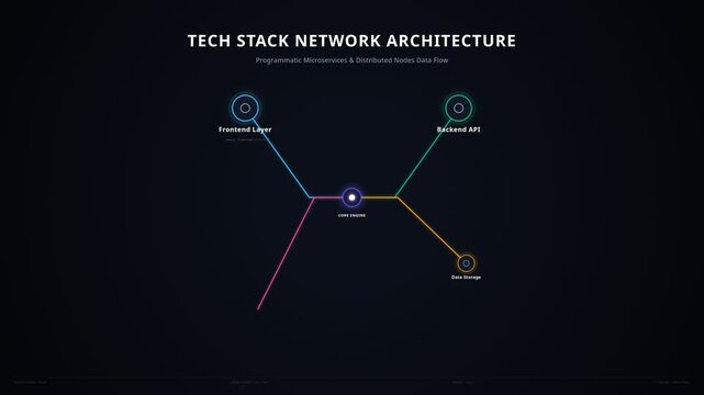 Tech stack network architecture diagram with programmatic microservices distributed nodes data flow, for digital transformation, system integration, cloud infrastructure, modern software