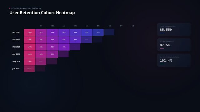 User retention cohort heatmap visualizing customer engagement loyalty, analyzing user behavior, tracking product performance for business growth strategic planning