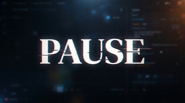 Digital glitch text effect featuring the word pause with chromatic aberration and distorted lines on a dark background with effects chromatic