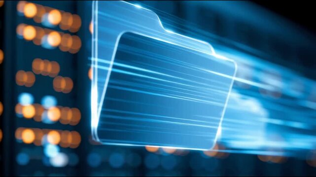Digital file folder icons with glowing data transfer lines streaming through network server storage for fast secure cloud speed and technology emotion