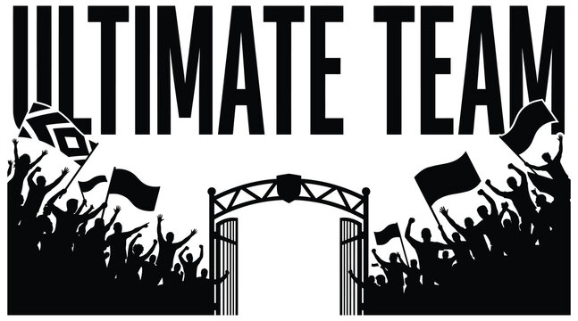 Ultimate team text logo with a cheering crowd silhouette and stadium gate entrance graphic