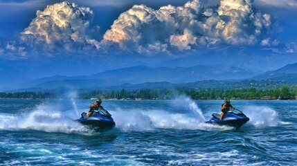 Fototapeta premium Two Jet Skis Cruising Across a Vast Body of Water