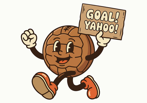 Retro vintage cartoon soccer ball character running and holding a goal yahoo sign illustration