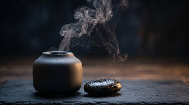 Minimalist ceramic aroma diffuser releasing fragrant vapor in a moody spa setting