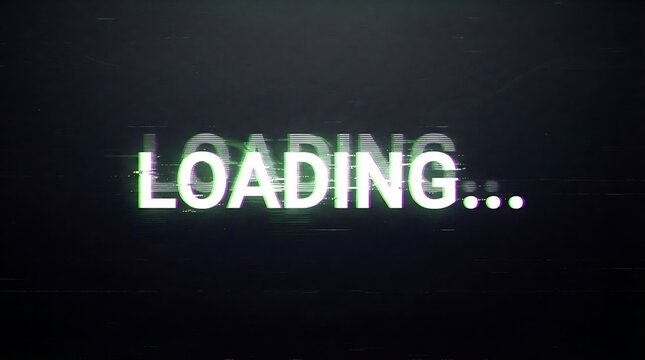 Digital glitch effect with the word loading displayed in white text on a black background representing data processing with glitch effects anticipation